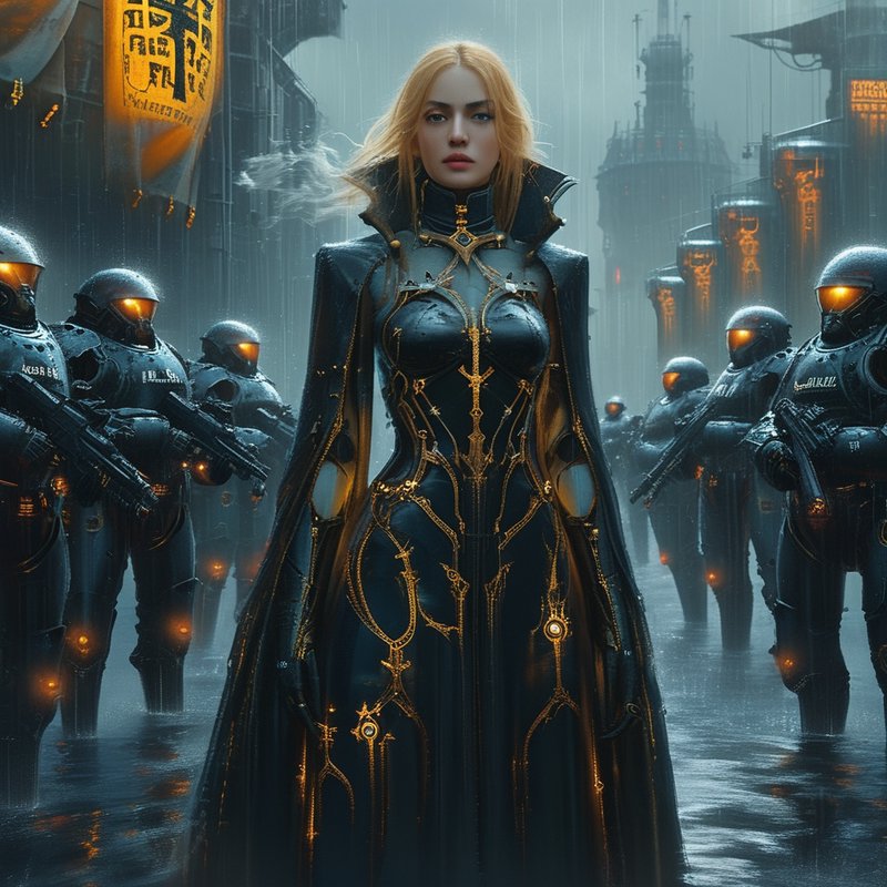 Female armored leader in black and gold gown-like armor stands before armed soldiers in a rainy neon-lit city.