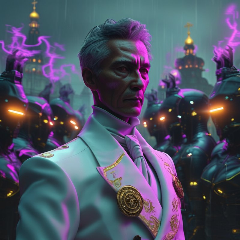 Stylized man in a white embroidered suit with gold detailing, neon purple lighting, futuristic city background.