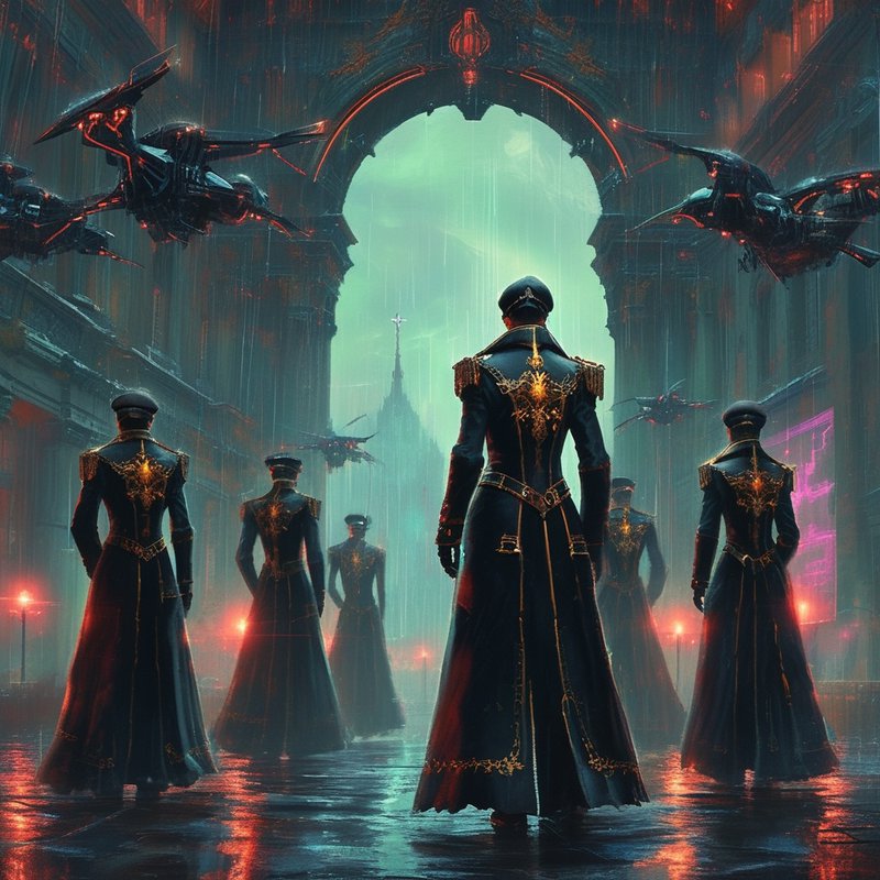 Row of cloaked officers in ornate black coats with gold embroidery standing under a neon-lit archway.