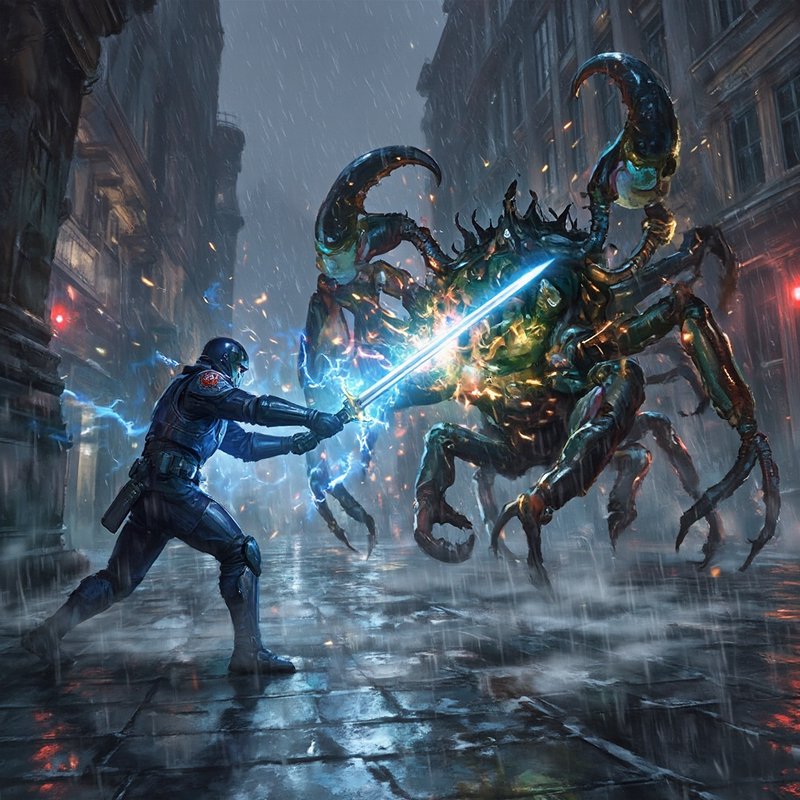 Armored warrior clashes with a glowing blue blade against a colossal crab-like monster in a rain-soaked urban street.
