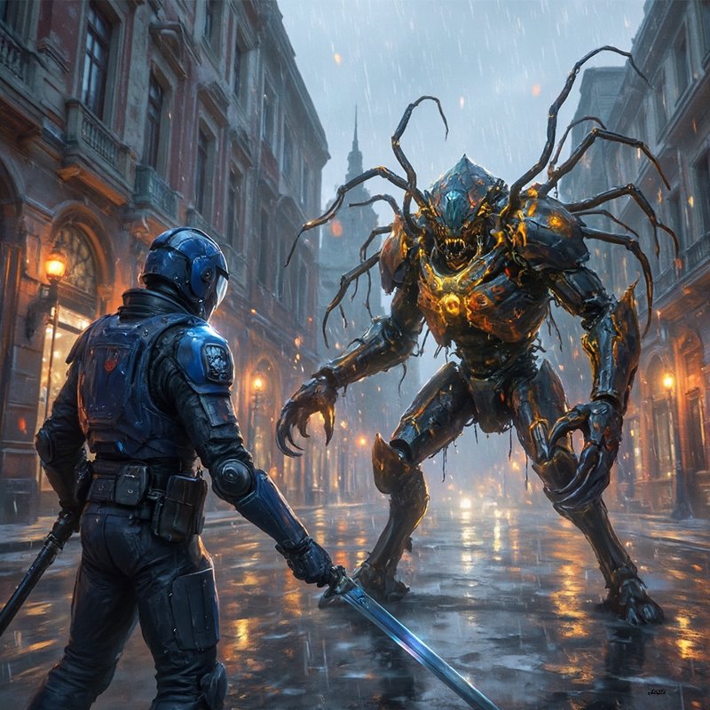 Armored knight in blue combat suit faces a towering alien monster in a rain-soaked city street.