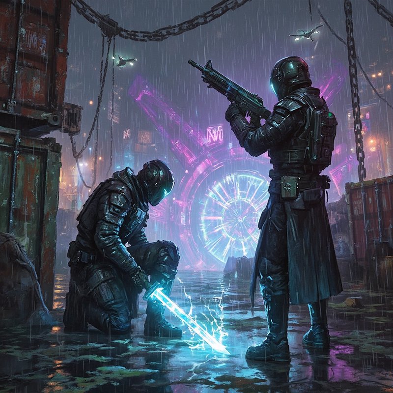 Two armored sci-fi soldiers in a rain-soaked neon city, one with a glowing blade and the other with a rifle.
