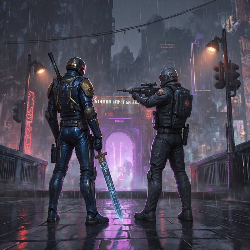 Two armored fighters stand in the rain on a neon-lit city street, one wielding a glowing sword.