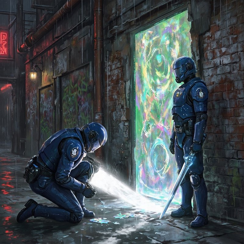 Two futuristic blue-armored guards in a neon-lit alley near a glowing portal door; one kneels spraying light toward the