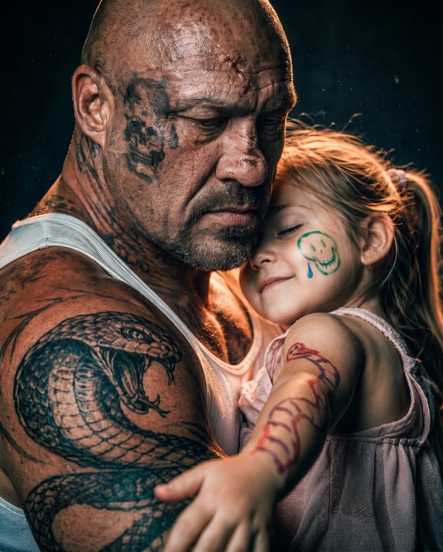 Tattoed man embracing a child with face paint in a tender close-up.