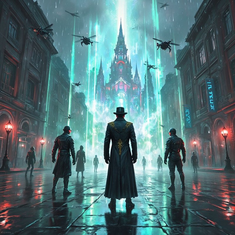 Man in a long coat and hat stands in a neon-lit rain-soaked city, facing a glowing central tower.