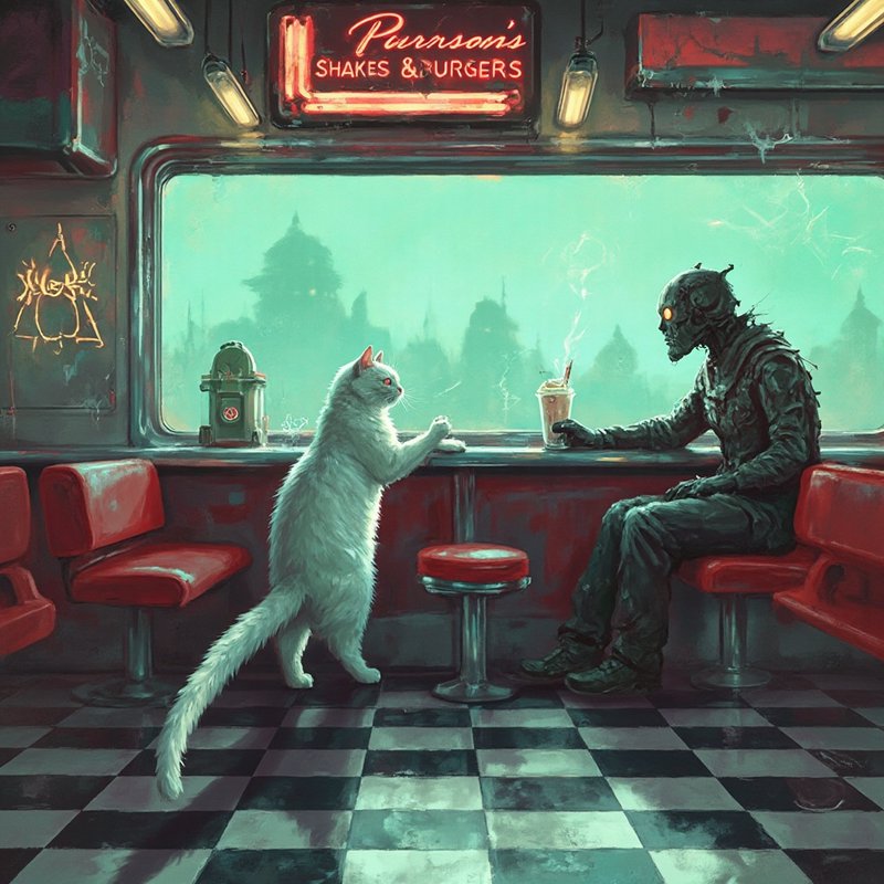 White cat and a zombie-like figure share a drink in a retro diner with teal window view and a checkered floor.