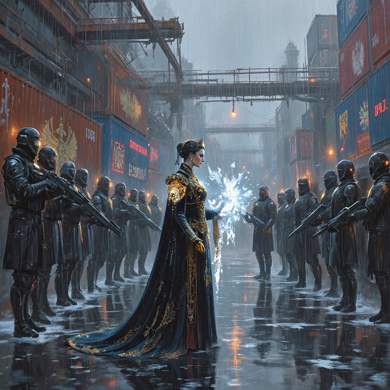 Regal woman in a gold-embellished gown stands before armored soldiers in a rain-soaked industrial city.