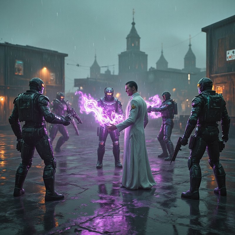 Scientist in a white lab coat conjuring purple energy around armored soldiers in a rainy dystopian city.