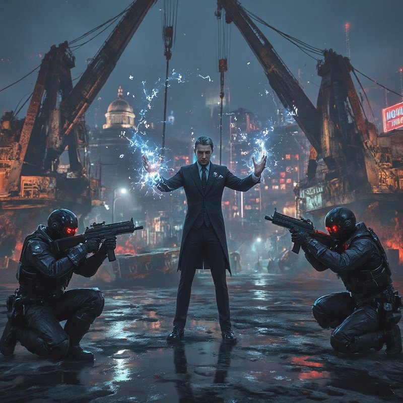 Stylish man in a suit channels electric energy between two armed soldiers in a neon-lit futuristic city.