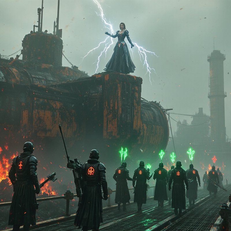 Woman in a dark gown stands atop a ruined industrial platform as lightning strikes, while armored...