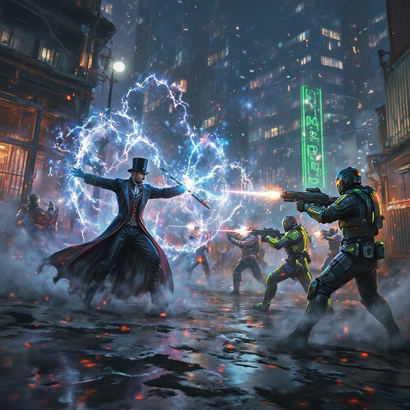Sorcerer in a top hat conjures blue lightning shield as armed soldiers fire in a neon-lit city st...