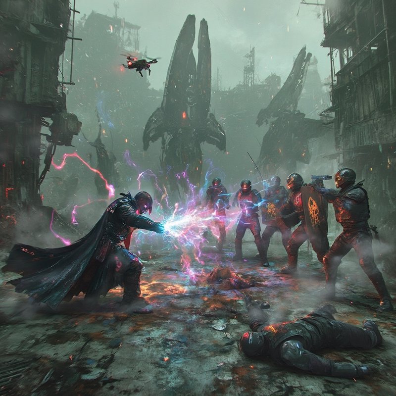 A dark futuristic battle scene with a cloaked hero unleashing electric energy at armed enemies in...