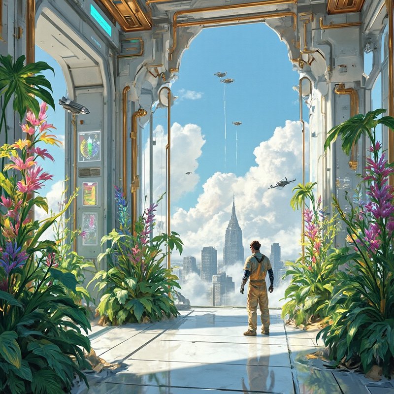 Person in a tan suit on a futuristic balcony amid lush plants, overlooking a city skyline.