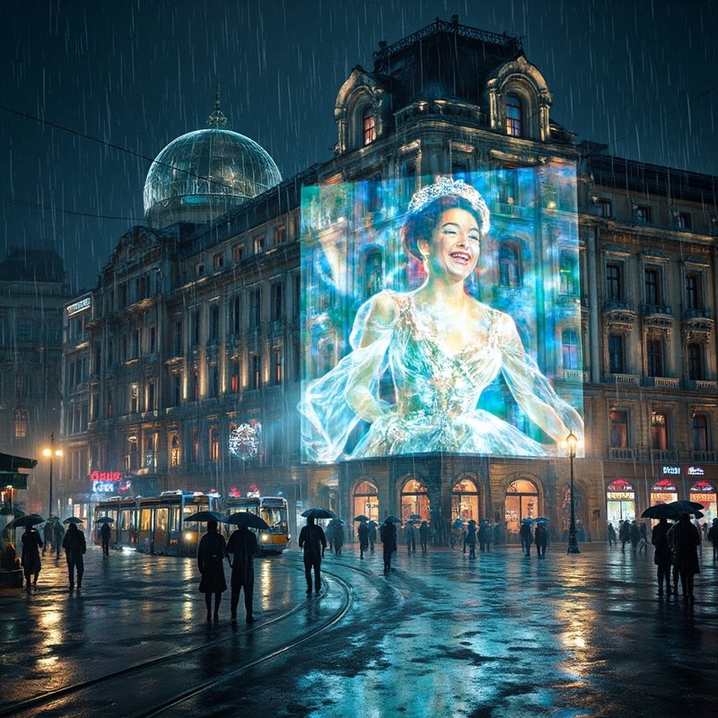 Night-time urban square with a giant projection of a smiling princess in a gown on a historic bui...