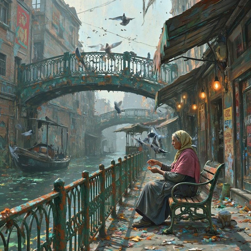 Elderly woman sits on a bench along a mossy railing by a canal, feeding birds beneath arched brid...
