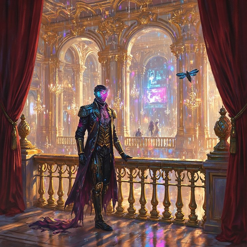 A dark armored figure with glowing heart-like mask stands on a gilded balcony in a opulent, neon-...