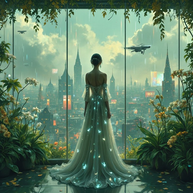 Woman in a glowing, butterfly-embellished gown stands in a glass greenhouse overlooking a futuris...