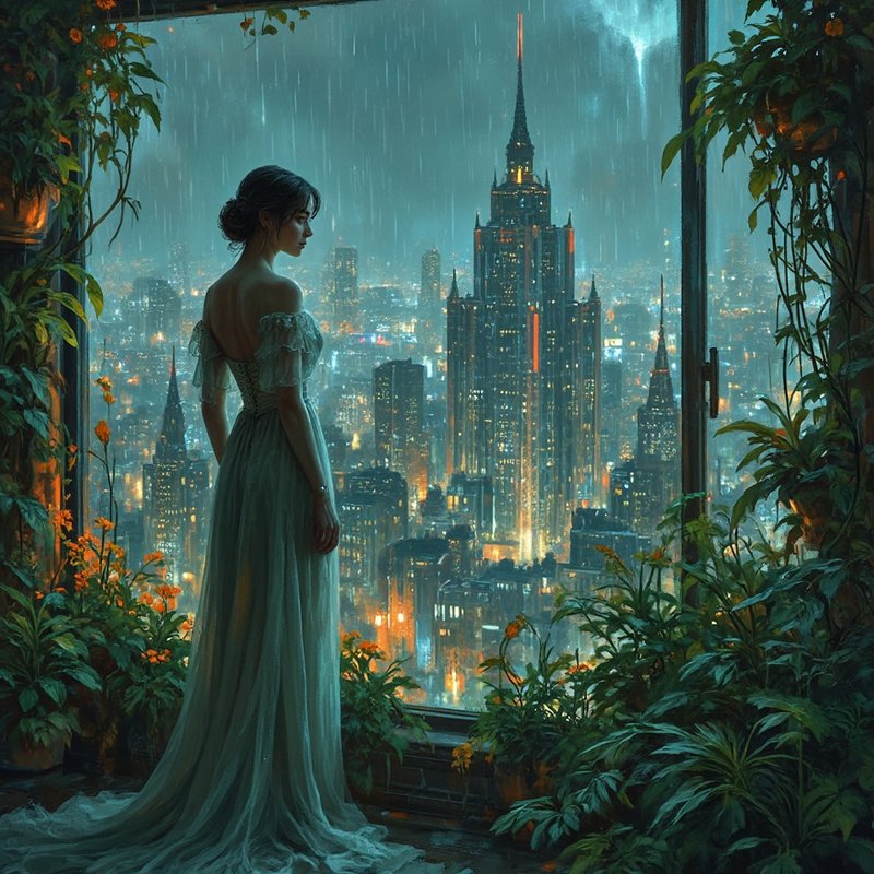 Woman in an elegant gown gazing at a rainy, illuminated city skyline from a lush indoor balcony.