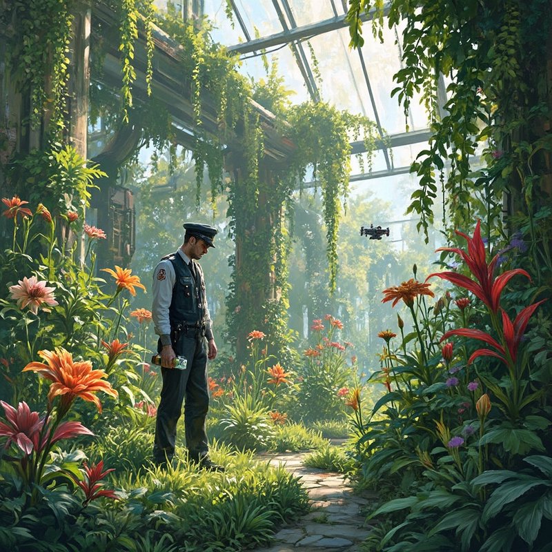 Security guard in a lush greenhouse with a hovering drone among tropical plants