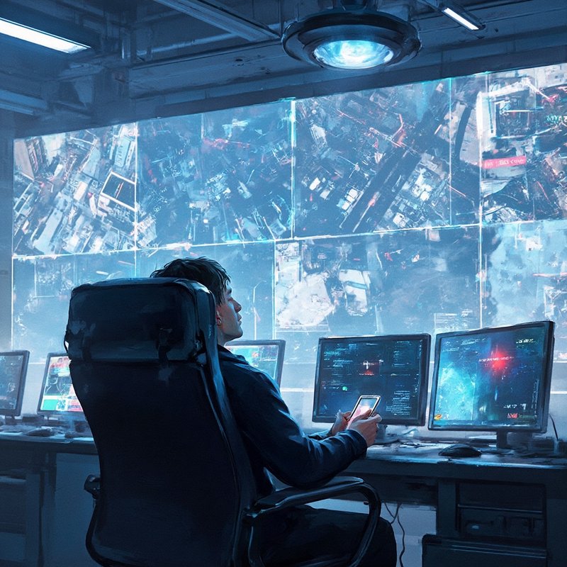 Person in a high-tech control room with multiple monitors and a blue-toned cityscape display