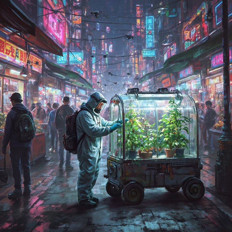 Person in hazmat suit tending urban greenhouse on a small wheeled cart in neon-lit night market.