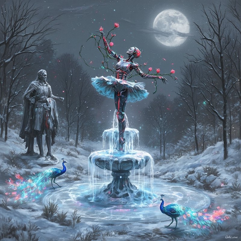 Ice fountain centerpiece with a rose-adorned dancer statue in a snowy moonlit park, flanked by pe...