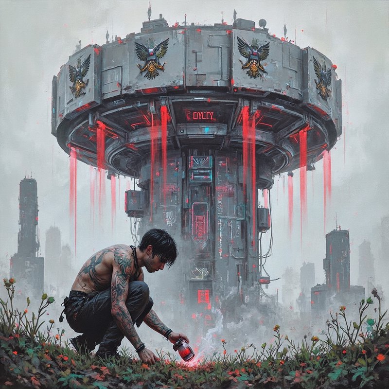 Tattooed man kneeling before a circular futuristic tower with red dripping lights in a dystopian ...
