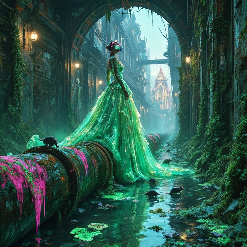Woman in a lush green gown standing on a mossy pipe in a fantasy city alley