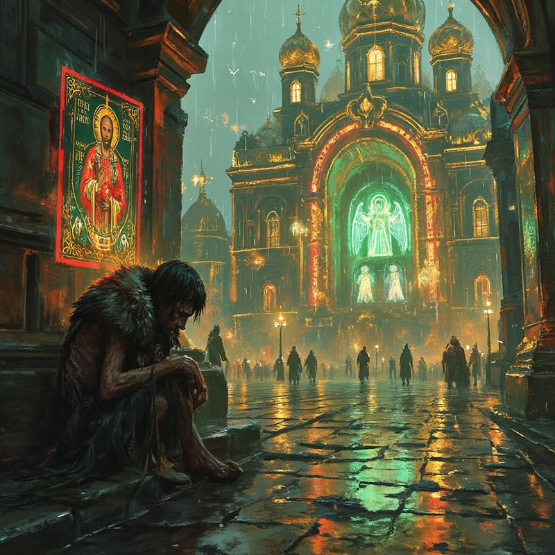 A ragged wanderer crouches on wet cobblestones in a neon-lit cathedral square with golden domes i...