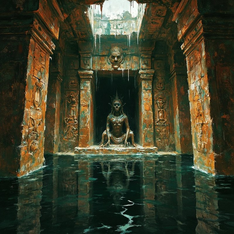 Ancient stone temple with a seated skeletal statue amid water reflections and carved pillars.