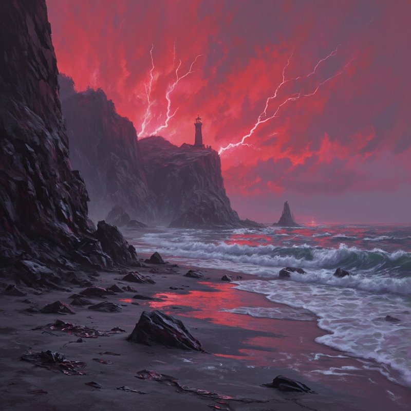 Lighthouse atop jagged cliff during a fiery red storm with bright lightning over the dark sea.
