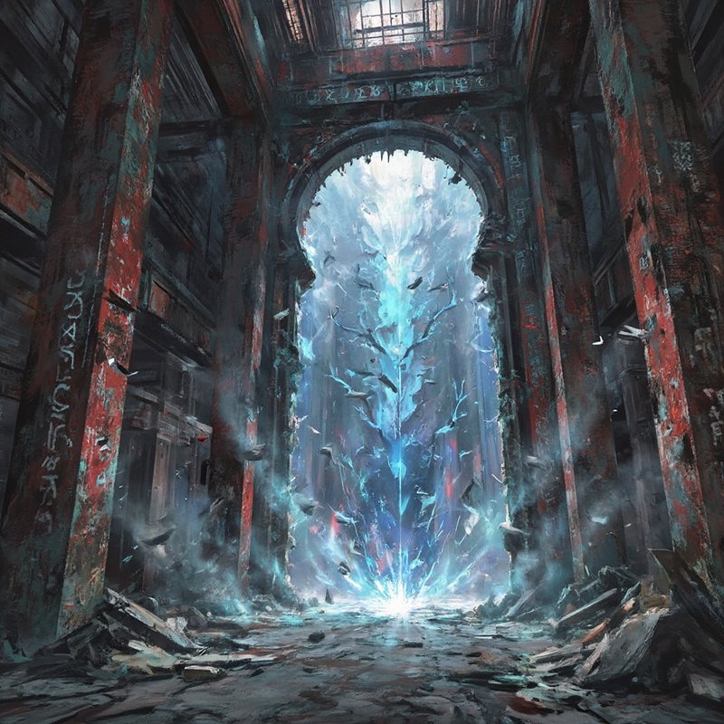 Ruined cathedral-like hall with a glowing blue crystalline portal bursting from the floor.