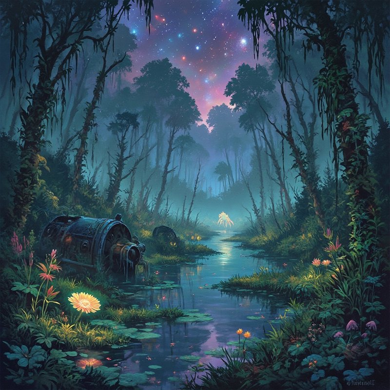 Enchanted forest river at night with a glowing distant figure and starry sky.
