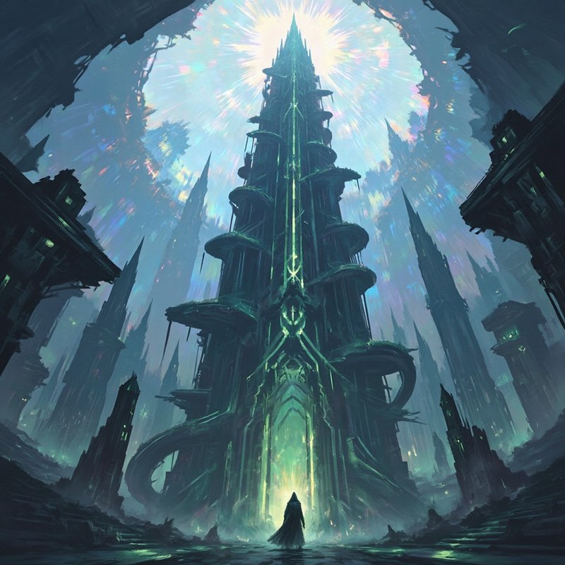 Giant glowing emerald tower rises from a ruined dark city as a cloaked figure stands at its lumin...