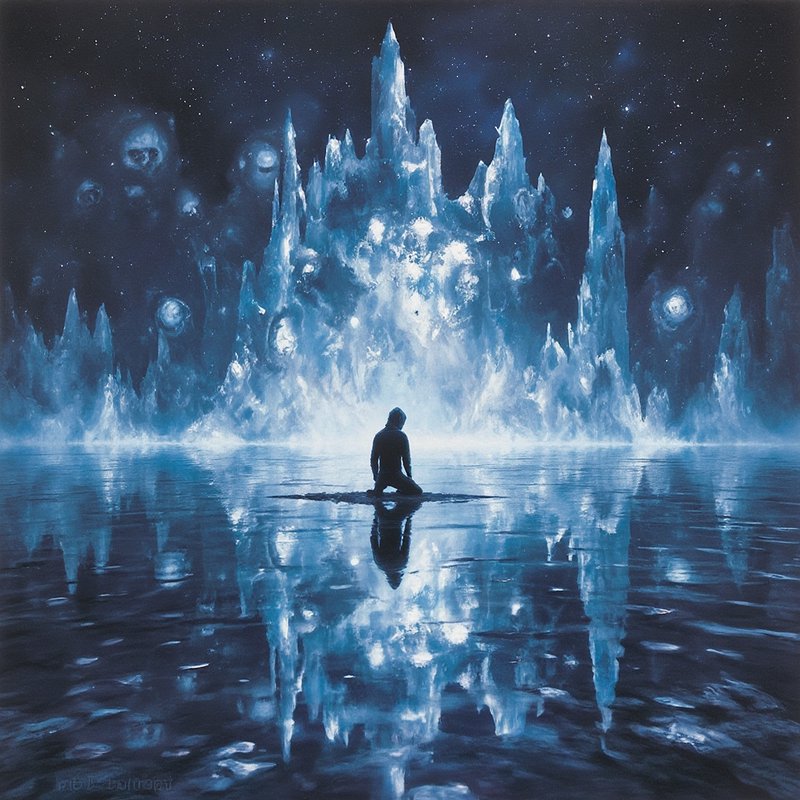 A lone figure kneels on icy water before a towering crystalline ice fortress under a starry night.