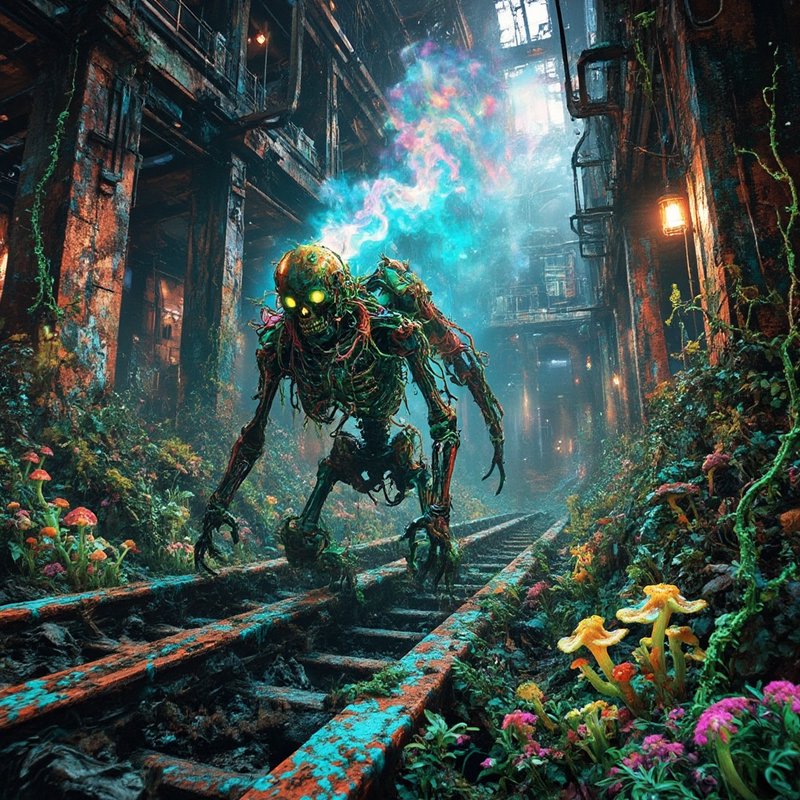 Zombie-like, plant-overgrown creature with glowing eyes in an abandoned rusted rail tunnel.