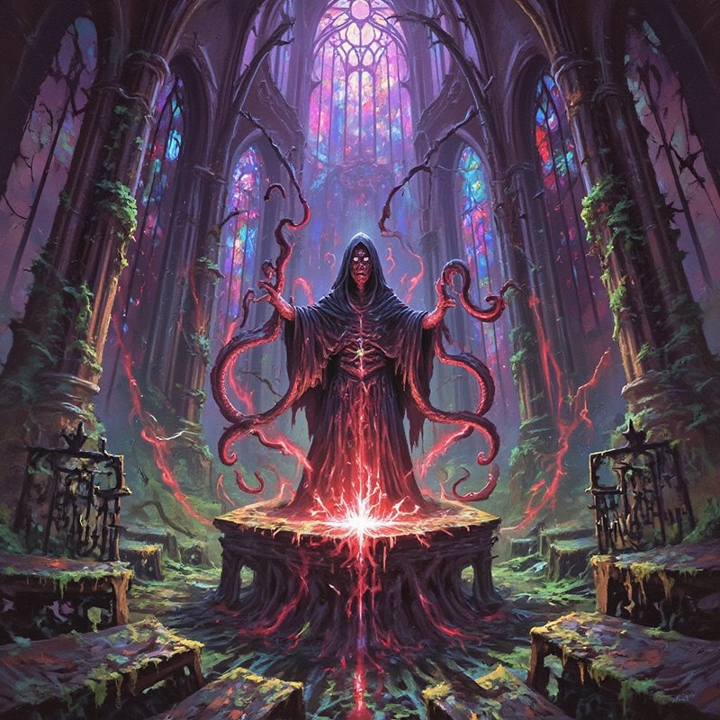 Hooded necromancer-like figure with twisting red tentacles atop a glowing altar in a ruined Gothi...