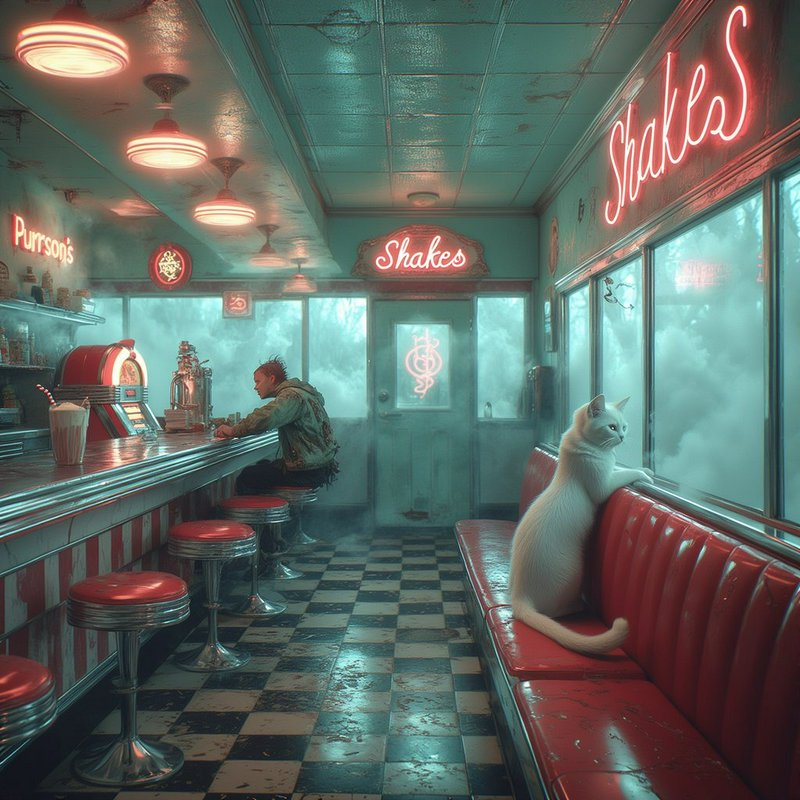 Retro neon-lit diner interior with a white cat on a red vinyl bench and a man at the counter.