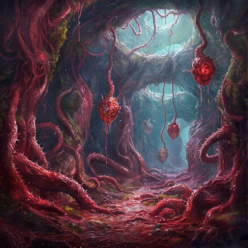 Dark cavern filled with fleshy red roots and hanging heart-like sacs