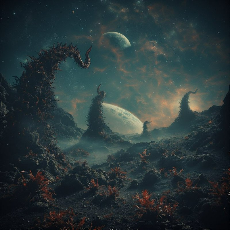 Alien landscape with jagged, spiraling flora under a starry sky and two moons on the horizon.