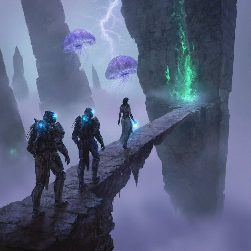 trio of futuristic explorers on a narrow stone bridge in a misty, surreal landscape with glowing ...