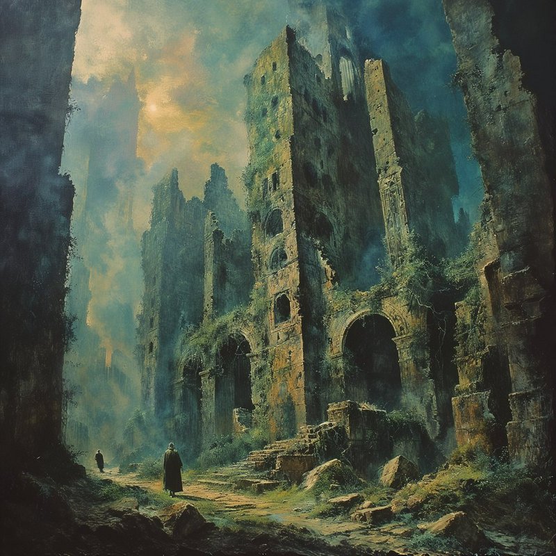 A misty, ruined medieval city with towering crumbling arches and two cloaked figures wandering am...