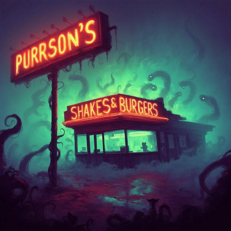 Neon-lit shack labeled Purrson's Shakes & Burgers, surrounded by eerie tentacles.