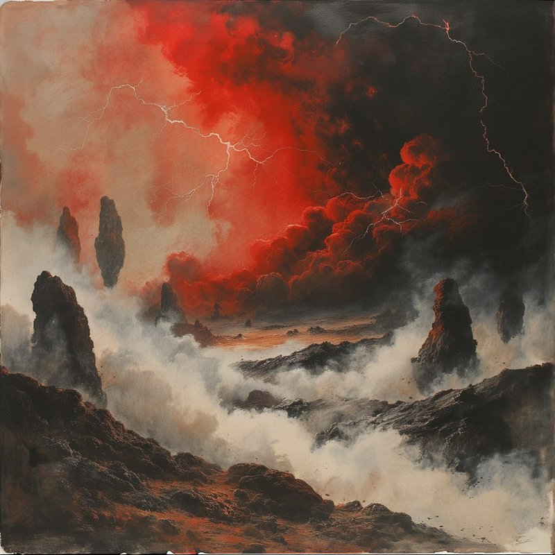 Dramatic red storm over jagged volcanic rocks with lightning and misty clouds