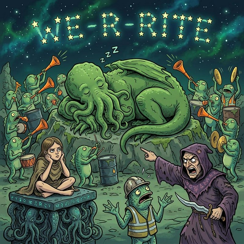 Cartoon space fantasy with a sleeping green tentacled giant, alien marching band, a girl on a ten...