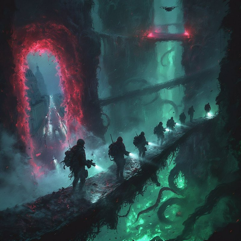 Group of futuristic soldiers crossing a neon-lit ruined bridge with red and green portals in a dy...