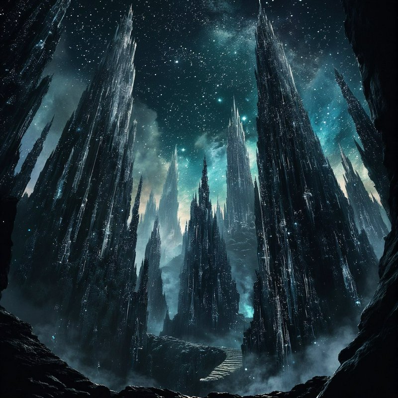 Nighttime fantasy landscape with jagged crystal spires reaching toward a starry sky.