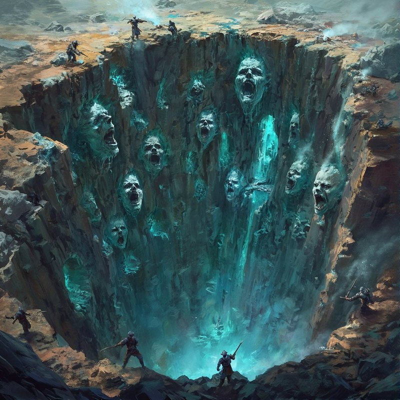 A vast chasm with jagged walls lined by screaming ghost faces and explorers at the edge.