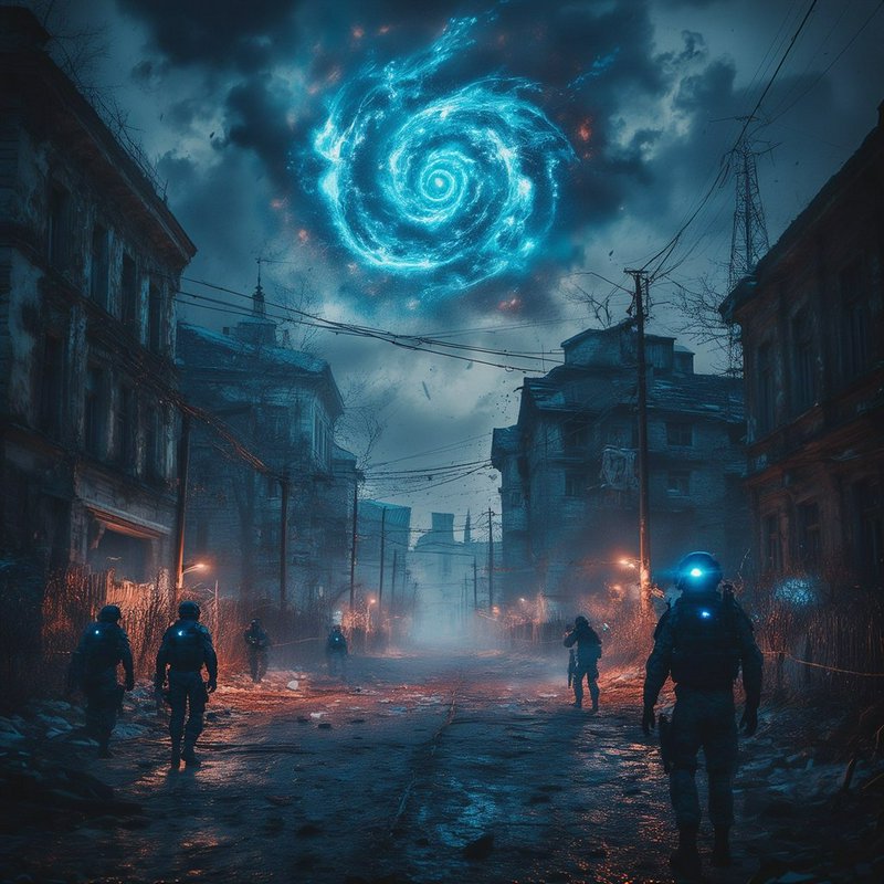 Post-apocalyptic street scene with a glowing blue spiraling portal in the cloudy sky and armored ...